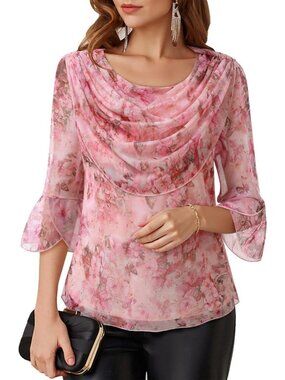 Women's Pink Floral Cowl Neck Blouse Dressy Casual Outfit 3/4 Sleeve Sparkly Top